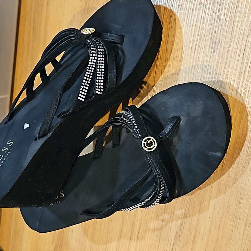 Guess Black Wedge Sandals with Gold Logo and Rhinestone Straps